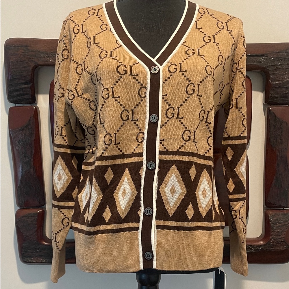 Women's Tan and Brown Patterned Cardigan